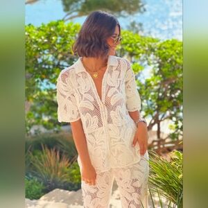 White Lace Crochet Top Button Down Boho Resort Beach Summer Sheer Knit Cover Up